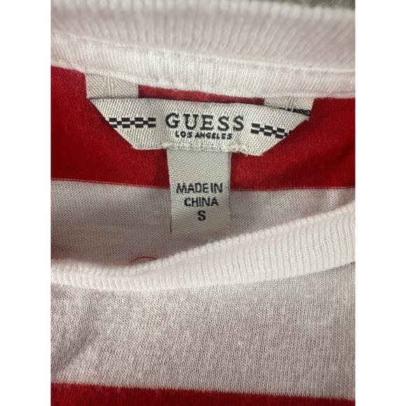 Guess Size S Spellout Striped Casual T Shirt Red White Short Sleeve Pullover - Picture 5 of 8